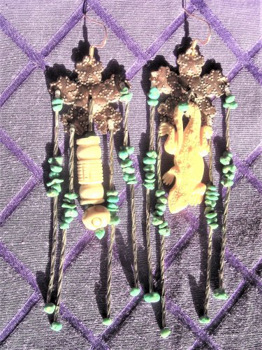 Bone Lizard, bone Tibetan tube & ball, turquoise, sterling silver copper top earrings