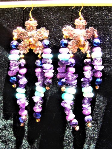 Amethyst, sky blue clay beads, purple seed beads copper top hand made earrings