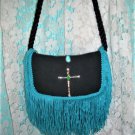 BLACK LEATHER BAG WITH SILVER CROSS & TURQUOISE
