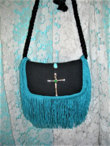 BLACK LEATHER BAG WITH SILVER CROSS & TURQUOISE