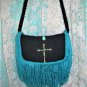 BLACK LEATHER BAG WITH SILVER CROSS & TURQUOISE