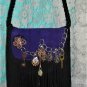 STEAMPUNK PURPLE LEATHER BAG WITH BLACK FRINGE & GEARS