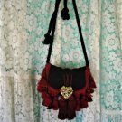 SOLD--BLACK SUEDE RED FRINGED LEATHER BAG/PURSE/FANNY WITH VINTAGE BROOCH