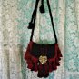 SOLD--BLACK SUEDE RED FRINGED LEATHER BAG/PURSE/FANNY WITH VINTAGE BROOCH