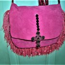 PINK LEATHER BAG/PURSE WITH PURPLE BEADED CROSS