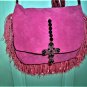 PINK LEATHER BAG/PURSE WITH PURPLE BEADED CROSS