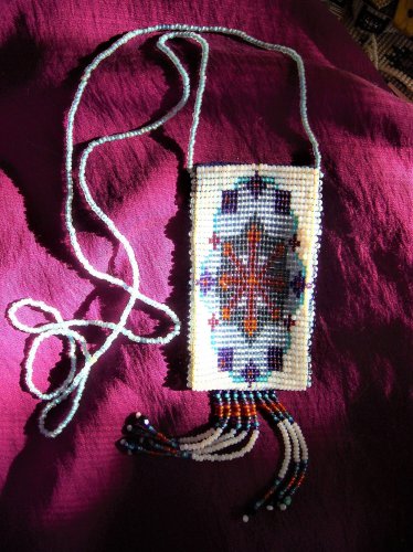 AMULET/CRYSTALS/CHARM LOOM BEADED BAG, NECKLACE,FRINGED, GLASS BEADS