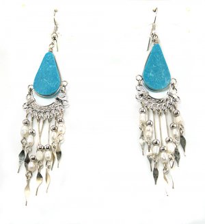 Blue Turquoise & Seed Pearl Chandelier Silver Earrings