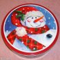 Cute Snowman Tin With Plaid Scarf-Country Scene, Holly