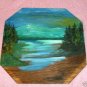 Octagonal Wood Evening Mountain Lake Scene,Handpainted