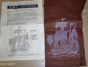 VINTAGE SHIP KITCHEN TOWELS ON BROWN LINEN