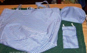 BLUE CHECKERED 3 PC TOTE BAG,COSMETIC BAG,EYEGLASS CASE