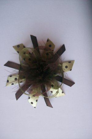 Sage Green and Brown Funky Boutique Bow with Marabou Puff--WITH FREE MATCHING HEADBAND