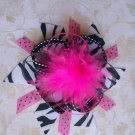 Pink and Zebra Funky Boutique Bow with Marabou Puff--WITH FREE MATCHING HEADBAND--