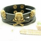 Skull Crossbones Biker Rocker Punk Black Leather Metal Bracelet