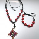Red Crimson Skull Cross Pendant necklace bracelet set Red Crimson Skull Cross Pendant necklace bracelet set