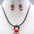 Kokeshi-Style Doll Necklace Earrings Jewelry Set RED
