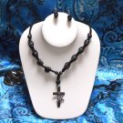 Black Skulls Rocker Goth Halloween Jewelry Set Skull Necklace Earrings