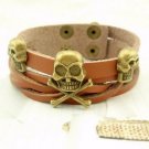 Leather Metal Skull Crossbones Bracelet Biker Rocker Punk Light Taupe