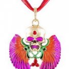 Skull and Angel wings Antiqued Bronze Fuschia Retro-style Necklace Skull and Angel wings Antiqued Bronze Fuschia Retro-style Necklace