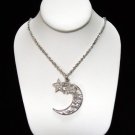 Celestial Crescent Moon Pendant Stars Rhinestones Gold Plated Necklace