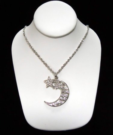Celestial Crescent Moon Pendant Stars Rhinestones Gold Plated Necklace