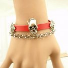 Leather and Chain Studded Skull Bracelet Biker/Rocker Hot Red Leather and Chain Studded Skull Bracelet Biker/Rocker Hot Red