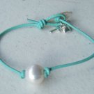 Leather and Freshwater Pearl w/ Silver Charms Bracelet 'Teal Prissy'