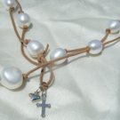 Freshwater Pearls on Knotted Leather Necklace w/ silver Charms 'Dirty Long Hip'
