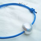 Adjustable Leather and Freshwater Pearl Bracelet w/ Silver Charms 'Bright Blue Jennifer'