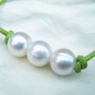 Leather and Freshwater Pearls Bracelet w/ Silver Charms 'Lime Sunny'