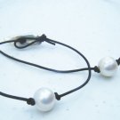 Pearl and Leather w/ Silver Charms Bracelet & 16" Necklace Black Prissy Set