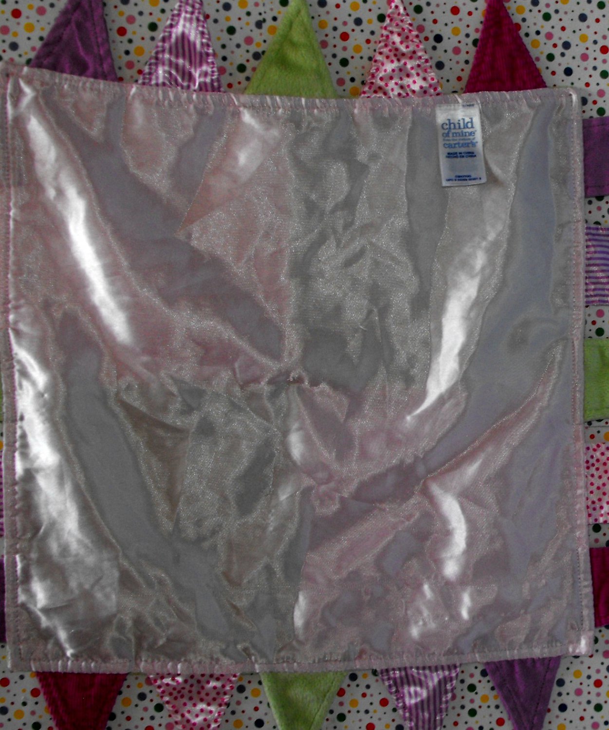 *4/17*SOLDCarters Child Of Mine Pink Green Tag Satin Baby Blanket Blankie Security Lovey