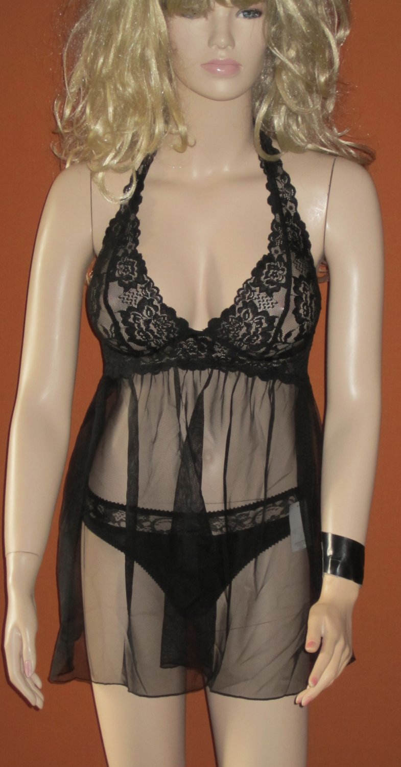 Victoria's Secret 48 2 Piece Black Babydoll Nightgown Medium 241623
