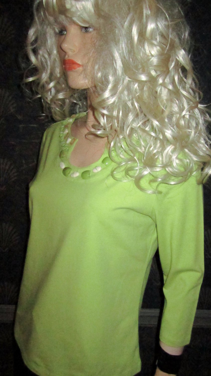 NWT South Beach Hearts of Palm 3/4 Sleeve Green Beaded Neck Top Medium