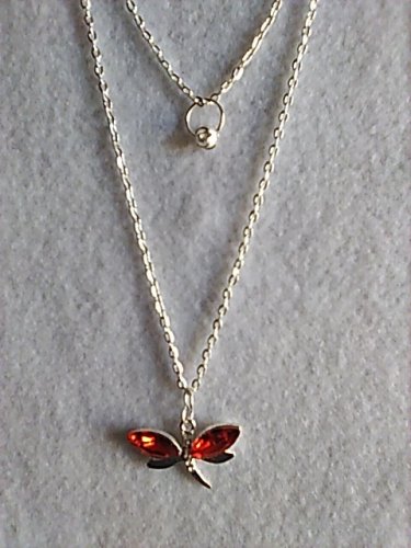 Necklace Double Silver-tone Red Rhinestone Dragonfly Shinny Mini Ball Handcrafted