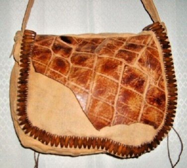 Leather Shoulder Bag Handcrafted Tan Distressed Wooden Bead Trim 1 of a Kind