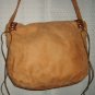 Leather Shoulder Bag Handcrafted Tan Distressed Wooden Bead Trim 1 of a Kind