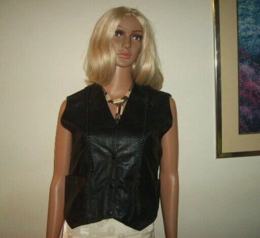 Biker Vest Black Leather Large Lower Back Cinch Ties Lined Vintage