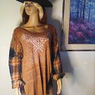 Western Upcycled Top Flannel Sleeves Fringe On Shoulders OS Boxy Pull Over Boho