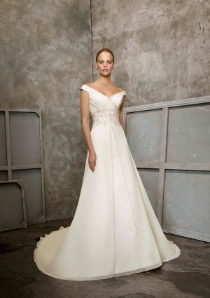 off-shoulder  V  Neck  Beaded  A-line wedding dress