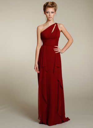 Long  one shoulder  straps  ruching  bridesmaid  dress
