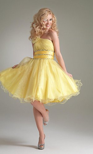 Knee Length One Shoulder Yellow Tulle cocktail  dress