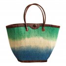 African Market Basket Ocean Breeze Shopping Tote Leather Handles Handwoven Art