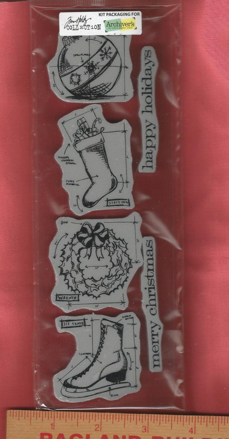 Set of 6 Rubber Stamps, Jim Holtz Collection, Happy Holidays Blueprints,New
