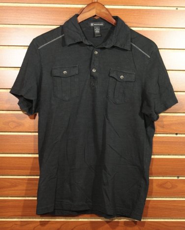 INC Black Slub Knit Military Polo, Mixed Media Medium