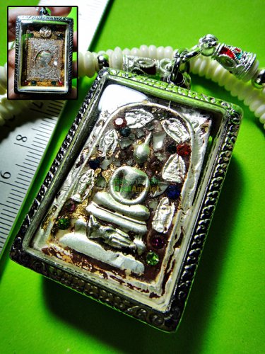 7633-OLD THAI REAL AMULET SOMDEJ SILVER FOIL RICH LEKLAI GEMS 7 BIRTH KING STAMP