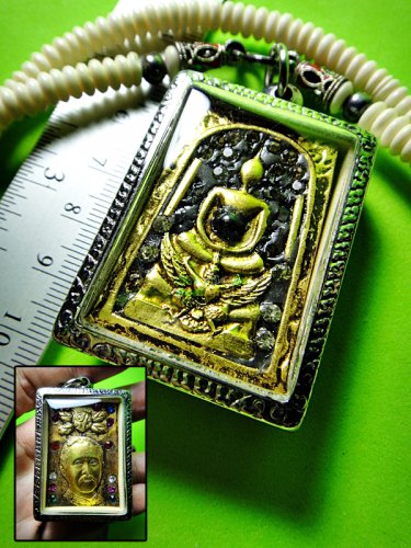 2512-OLD THAI REAL AMULET SOMDEJ TABLET GOLD LEAF LEKLAI GEMS GARUDA KING RAMA 5