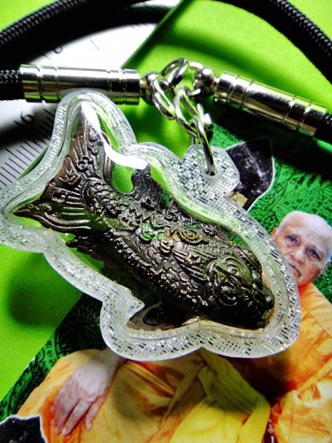 9806-REAL THAI BRONZE AMULET FIGHTING FISH BITE MONEY ATTRACT RICH POWER LP NOUM