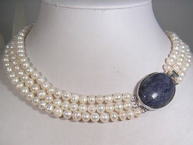 THREE STRING PEARL NECKLACE BEAUTIFUL BLUE CLASP